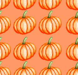 Orange pumpkins on orange background as halloween watercolor pattern wallpaper  