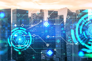 Glowing hologram of technological process, aerial panoramic cityscape of Singapore at sunset. The largest innovative hub of tech services in Asia. Multi exposure.