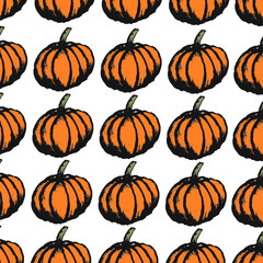 Orange pumpkins on white background as halloween pattern wallpaper           
