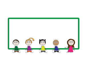 Colorful vector kids sitting in front Green frame on White background