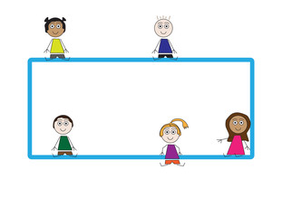 Flat vector kids sitting around Blue blank frame on White background