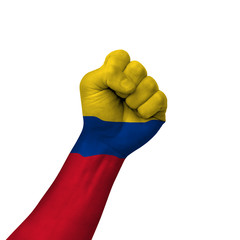 Hand making victory sign, colombia painted with flag as symbol of victory, resistance, fight, power, protest, success - isolated on white background