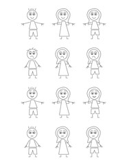 Naklejka premium Set of Black and White kids cartoon characters on White background