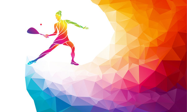 Creative silhouette of female squash player. Racquet sport vector illustration or banner template in trendy abstract colorful polygon style with rainbow back