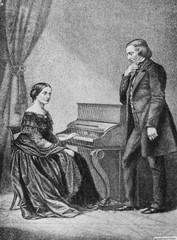 Robert Schumann with his wife in the old book Biographies of famous composers by A. Ilinskiy, Moscow, 1904 - obrazy, fototapety, plakaty
