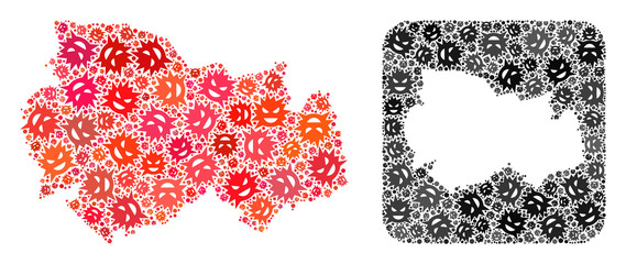 Infection virus map of Novosibirsk Region collage created with rounded square and carved shape. Vector map of Novosibirsk Region collage of infection virus items in different sizes and color hues.