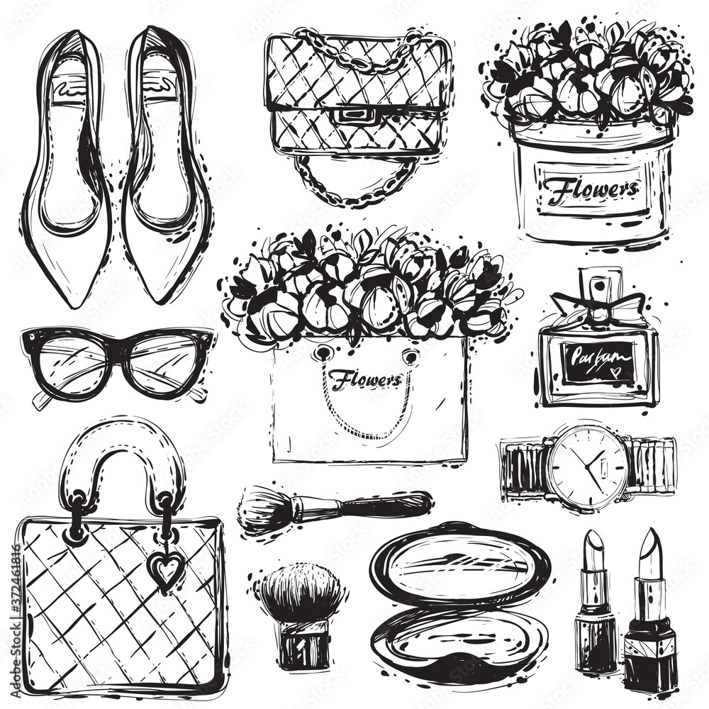 Wall mural Fashion makeup accessories. Coloring book elements, hand drawn black and white: graphic shoes, bag, makeup brush, lipstick, powder, wrist watch, perfume, flower box, eye glasses, flowers. - Wall murals