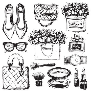 Fashion makeup accessories. Coloring book elements, hand drawn black and white: graphic shoes, bag, makeup brush, lipstick, powder, wrist watch, perfume, flower box, eye glasses, flowers.