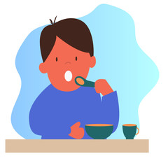 Cute vector illustration. The boy is sitting at the table and eating soup from a plate. The child eats and pulls the spoon into his mouth. Illustration in a flat style