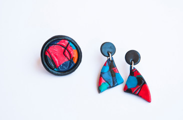Jewelry set with ring and earrings. Trendy jewelry of polymer clay.