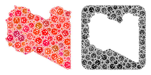 Evil virus map of Libya mosaic designed with rounded square and subtracted shape. Vector map of Libya mosaic of infection virus particles in various sizes and shades. Designed for treatment doctrines.