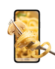 Order and deliver food online. Italian Cuisine. Paste.  Eat from your smartphone. Gadget on white background
