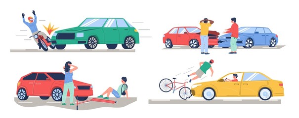 Road traffic accident set, vector flat isolated illustration. Car collision with bike, motorbike, pedestrian, another car. Auto accident, motor vehicle crash, injured cyclist, motorcyclist characters. - obrazy, fototapety, plakaty