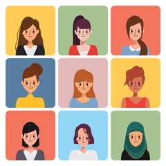 Woman character avatar icons set. Business people human resource in company.