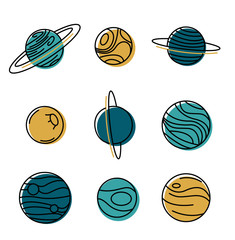 Vector icons set of planets. Vector line icons colorful