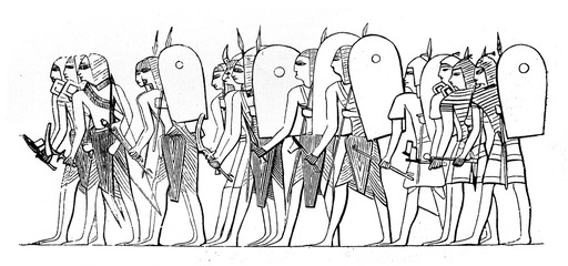 Fototapeta na wymiar Egyptian warriors in the old book Encyclopedic dictionary by A. Granat, vol. 3, S. Petersburg, 1896