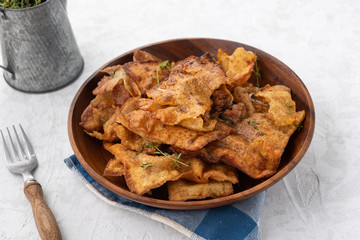 fried dumplings in wood plate 
