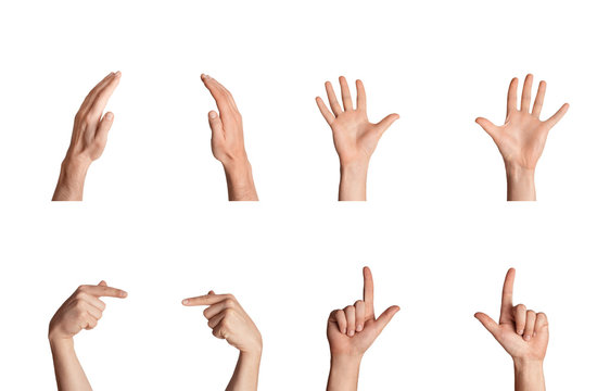 Collage with multitude of male hands showing variety of sign language gestures, isolated on white