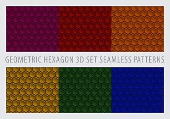 Seamless geometric hexagon 3d. Geometry pattern set. Purple, red, orange, yellow, green, navy-blue background. Vector illustration.