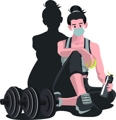 A woman with medical mask resting on the floor after fitness using barbell