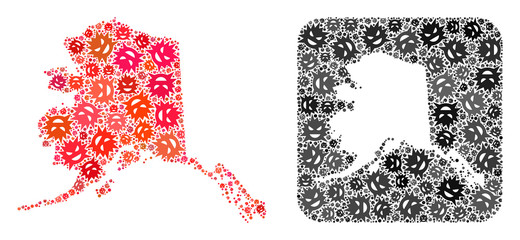 Infection virus map of Alaska State mosaic created with rounded square and stencil. Vector map of Alaska State mosaic of infection virus parts in different sizes and shades.