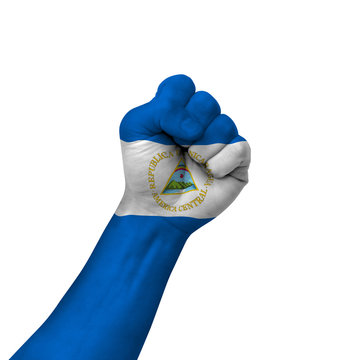 Hand Making Victory Sign, Nicaragua Painted With Flag As Symbol Of Victory, Resistance, Fight, Power, Protest, Success - Isolated On White Background