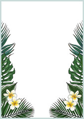 Vector template. Exotic tropical jungle rainforest bright green palm monstera leaves frame border. Vertical space for text on white background