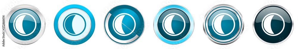 Poster moon silver metallic chrome border icons in 6 options, set of web blue round buttons isolated on whi