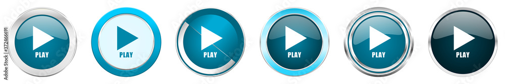 Aufkleber play silver metallic chrome border icons in 6 options, set of web blue round buttons isolated on whi