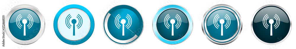 Poster Wifi silver metallic chrome border icons in 6 options, set of web blue round buttons isolated on white background