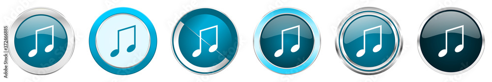 Aufkleber music silver metallic chrome border icons in 6 options, set of web blue round buttons isolated on wh