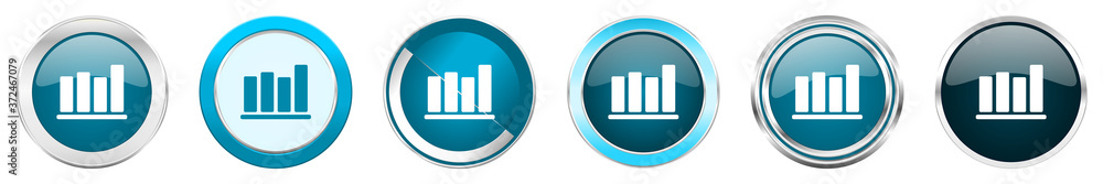 Aufkleber Bar chart silver metallic chrome border icons in 6 options, set of web blue round buttons isolated on white background.