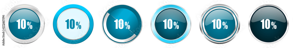 Aufkleber 10 percent silver metallic chrome border icons in 6 options, set of web blue round buttons isolated on white background
