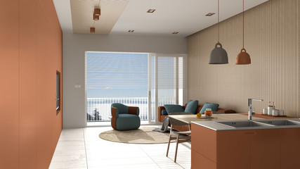 Fototapeta na wymiar Modern living room in orange tones and wooden details, panoramic window on sea panorama, sofa and armchair with round carpet, dining table, island. Marble floor, interior design