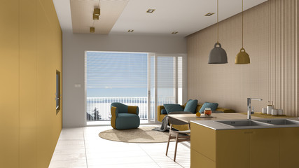 Modern living room in yellow tones and wooden details, panoramic window on sea panorama, sofa and armchair with round carpet, dining table, island. Marble floor, interior design