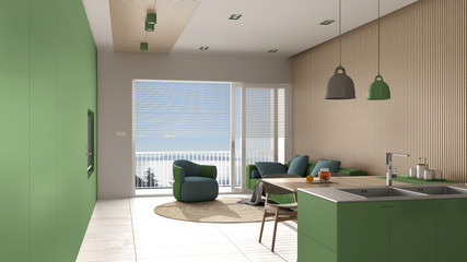 Modern living room in green tones and wooden details, panoramic window on sea panorama, sofa and armchair with round carpet, dining table, island. Marble floor, interior design