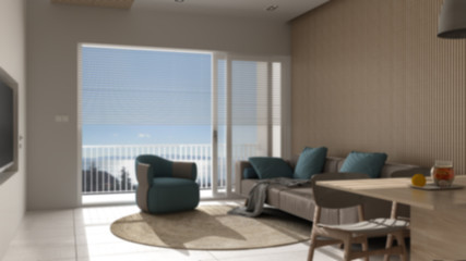 Fototapeta na wymiar Blur background interior design, living room with wooden details, panoramic window on sea panorama, sofa and armchair with round carpet, dining table, island. Marble floor,