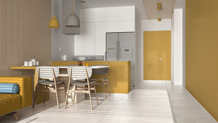 Obraz premium Modern living room in yellow tones and wooden wall details, sofa, dining table with chairs, kitchen with island, appliances and pendant lamps. Marble floor, interior design