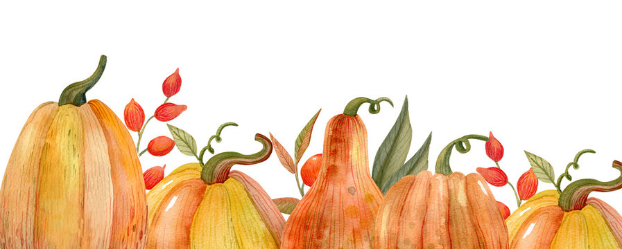 Happy Halloween and thanksgiving day, autumn watercolor frames or cards for the holiday "halloween" with a pumpkin, a wreath and a crow, illustrations of objects for posters and banners