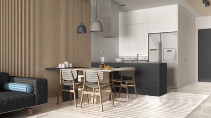 Modern living room in gray tones and wooden wall details, sofa, dining table with chairs, kitchen with island, appliances and pendant lamps. Marble floor, interior design