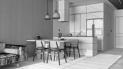 Unfinished project of modern living room with sofa, dining table with chairs, kitchen with island, appliances and pendant lamps. Marble floor, interior design