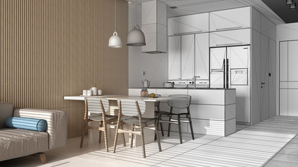 Architect interior designer concept: unfinished project that becomes real, modern living room with sofa, dining table with chairs, kitchen with island. Marble floor, design