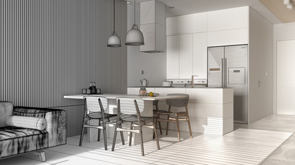 Architect interior designer concept: unfinished project that becomes real, modern living room with sofa, dining table with chairs, kitchen with island. Marble floor, design