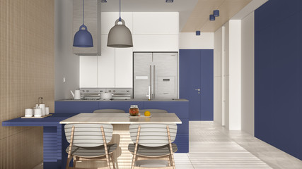Modern kitchen with dining room in violet tones and wooden wall details, table with chairs, island with pendant lamps, appliances and decors. Marble tiles floor, interior design