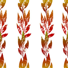 Vector autumn striped pattern from lines ornaments with warm colors leaves prints. Design for textile , wallpaper, wrapping paper. 