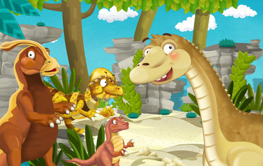 Naklejka premium cartoon scene with dinosaur apatosaurus diplodocus with some other dinosaur in the jungle - illustration for children