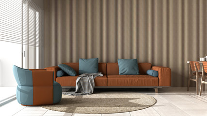 Modern living room in orange tones and wooden wall details, sofa with pillows, armchair, round carpet, dining table with chairs, appliances and decors. Marble floor, interior design