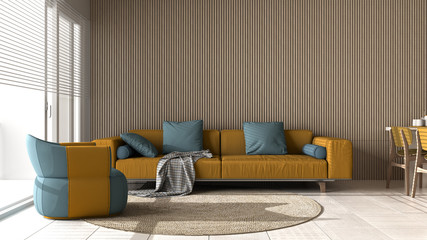 Modern living room in yellow tones and wooden wall details, sofa with pillows, armchair, round carpet, dining table with chairs, appliances and decors. Marble floor, interior design