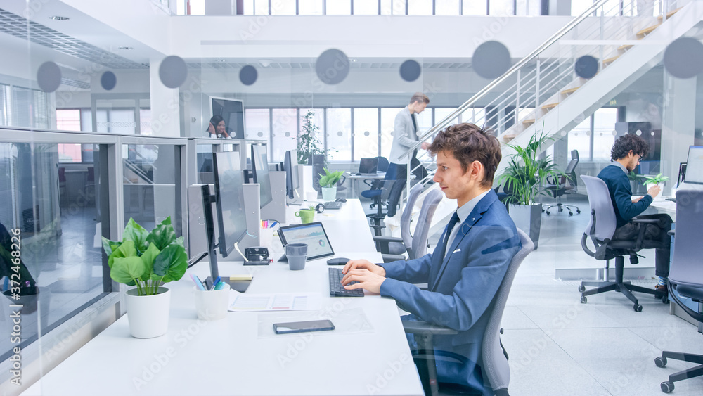 Poster Young Handsome Manager Wearing a Suit and Tie Discusses Work on His Personal Desktop Computer. Diverse and Motivated Business people Work on Computers in Modern Open Office.