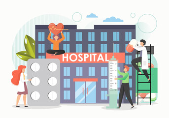 Tiny doctors providing medical assistance to woman with heart disease in hospital, vector flat illustration